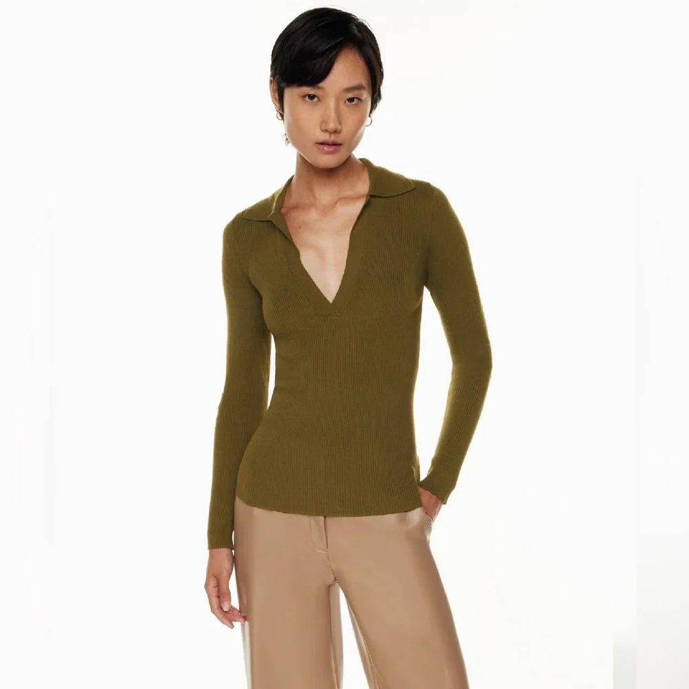 Babaton (Aritzia) Green Ribbed Long Sleeve Top - Picture 1 of 4